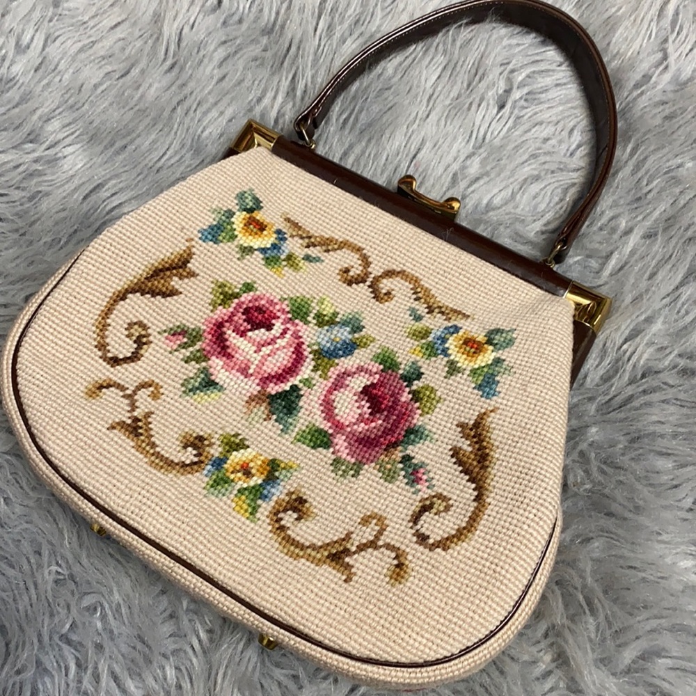 Vintage Floral Needlepoint Clutch with Brown Handle